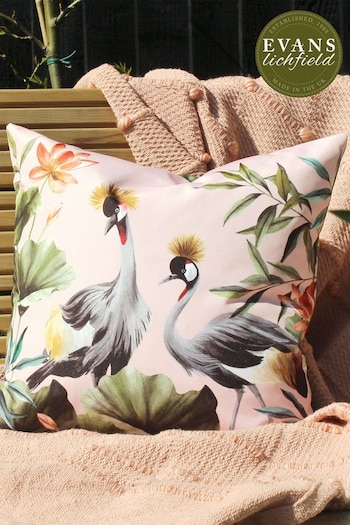 Evans Lichfield Blush Pink/Forest Green Cranes Outdoor Polyester Filled Cushion (A62202) | £17