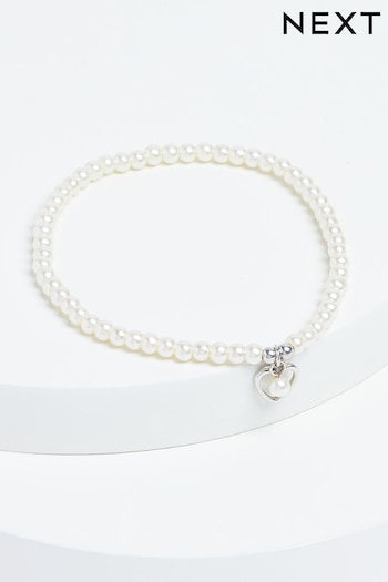 Sterling Silver Heart Charm Pearl Beaded Bracelet (A62271) | £18