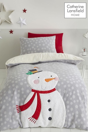 Catherine Lansfield Grey Cosy Snowman Teddy Fleece Duvet Cover And Pillowcase Set (A63097) | £30 - £50