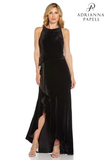 Adrianna Papell Womens Black Velvet Cascade Gown (A65165) | £245