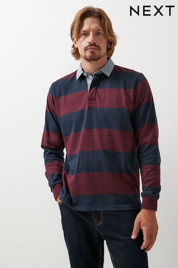 Navy Blue/Burgundy Red Stripe Long Sleeve Rugby Shirt (A67718) | £30