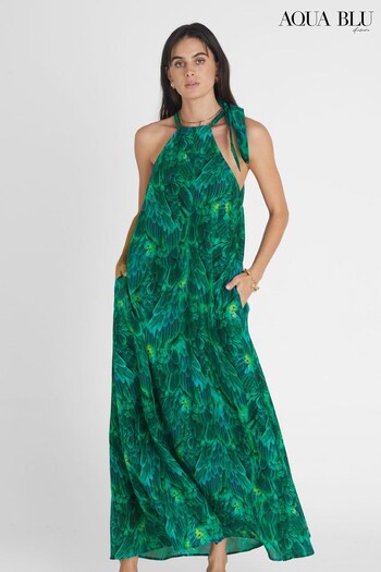 Aqua Blu Green Hummingbird Print Jennifer Halter Neck Maxi Dress (A68063) | £225
