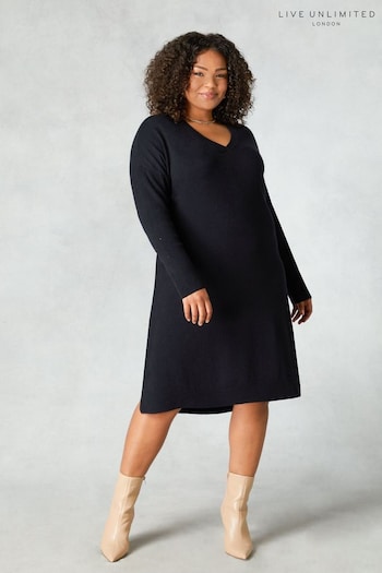 Live Unlimited Cotton Blend V-Neck Black Dress with Cashmere (A68146) | £89