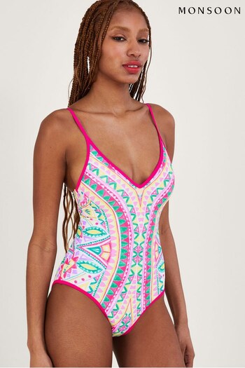 Monsoon Pink Mosaic Print Swimsuit with Recycled Polyester (A68560) | £75