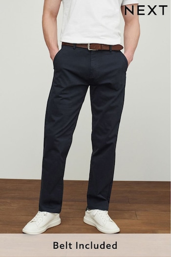 Navy Blue Straight Belted Soft Touch Chino Trousers (A69644) | £30