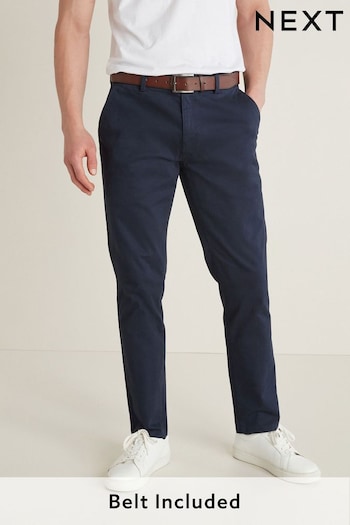 Navy Blue Slim Fit Belted Soft Touch Chino Pants Trousers (A69645) | £30