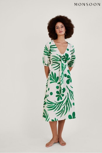 Monsoon Green Abstract Palm Print Tie Front Midi Dress (A70250) | £70