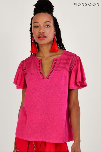 Monsoon Pink V-Neck Woven Top in Linen Blend (A70373) | £45