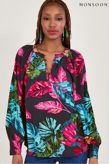 Monsoon Blue Bria Palm Print Blouse in Sustainable Viscose (A70377) | £55