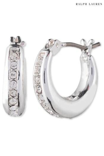 Lauren Ralph Lauren 14mm Sculpted Metal Hoop Earrings in Silver With Crystal Detailing (A70633) | £40