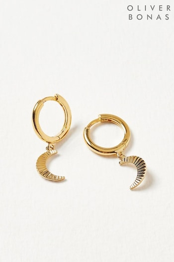 Oliver Bonas Luna Engraved Moon Gold Plated Brass Drop Huggie Earrings (A71258) | £28