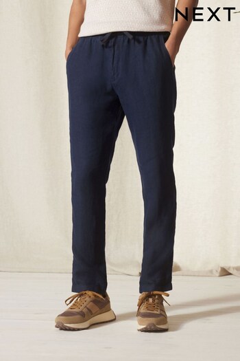 Navy Blue 100% Linen Elasticated Waist Trousers Elegant (A73519) | £32