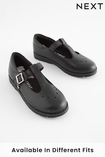 Black Wide Fit (G) Leather Junior T-Bar School Via Shoes (A73596) | £24 - £30