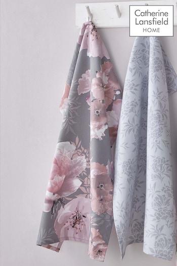 Catherine Lansfield Set of 4 Grey Dramatic Floral Tea Towels (A74040) | £10