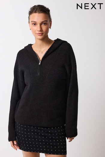 Black Ribbed Zip Neck Knitted Hoodie (A75897) | £42