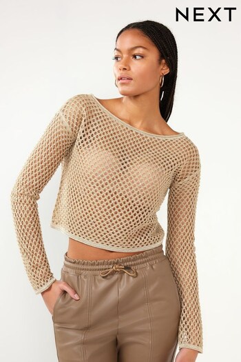 Champagne Gold Metallic Mesh Open Stitch Cropped Knitted Top (A75932) | £32