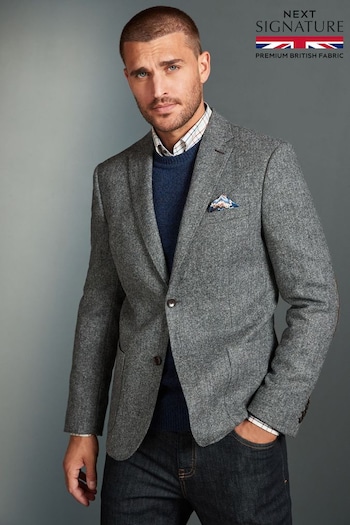 Grey Signature Moons British Wool Textured Blazer With Elbow Patches (A75989) | £170