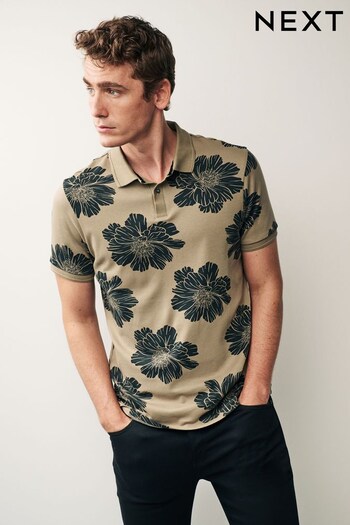 Neutral/Black Floral Print Polo Shirt (A76067) | £30