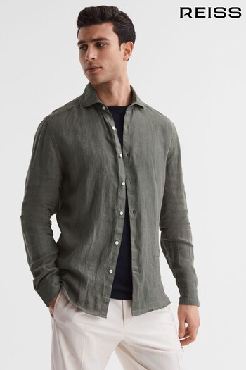 Reiss Olive Ruban Linen Long Sleeve Shirt (A76400) | £65