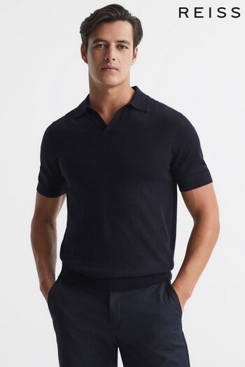 Reiss Navy Duchie Merino Wool Open Collar Polo Shirt (A76460) | £78