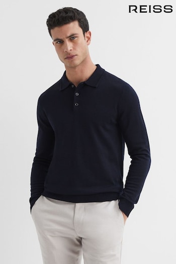 Reiss Navy Trafford Merino Wool Polo question Shirt (A76508) | £98