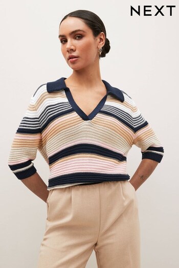 Navy Blue/Pink Short Sleeve Sparkle Stripe Knit Polo Jumper (A77414) | £34