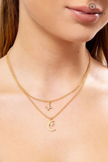 Caramel Jewellery London Gold Tone Moon & Star Double Layer Necklace (A77482) | £18