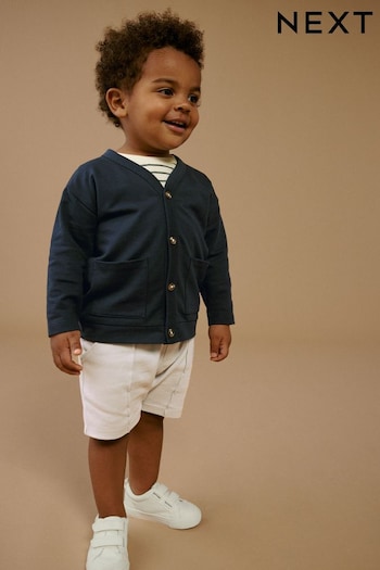Navy Blue/Stone Brown Jersey Cardigan And Joggers 3 Piece Set (3mths-7yrs) (A78014) | £24 - £28