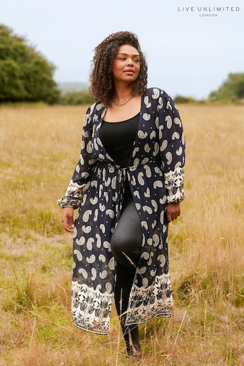 Live Unlimited Curve Green Placement Print Longline Kimono With Drawstring Waist (A79589) | £89