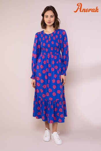 Anorak Blue Posy Ecovero Shirred Midi Dress (A82418) | £109