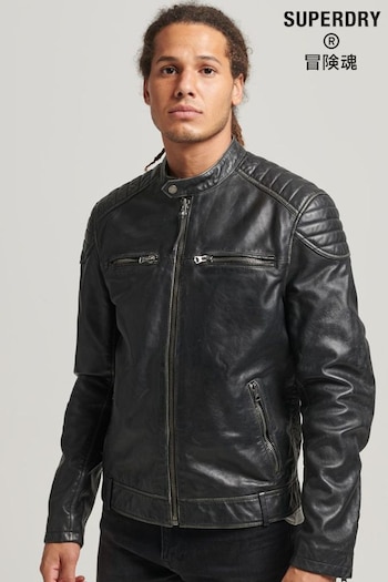 Superdry Black Leather Moto Racer Jacket (A82580) | £260
