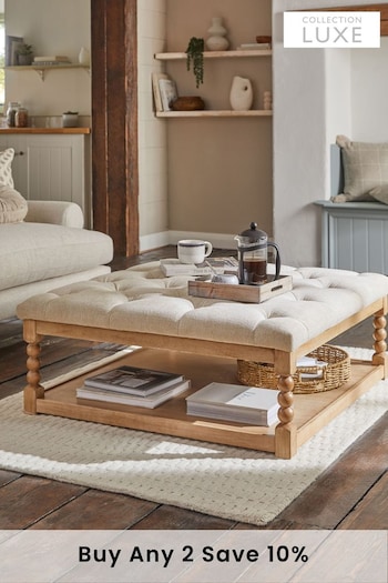 Tweedy Plain Light Natural Buttoned Large Collection Luxe Lancaster Coffee Table Footstool (A84846) | £325