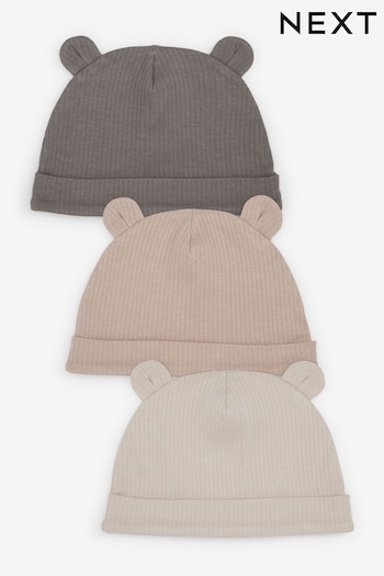 Neutral/Grey Rib 3 Pack Baby Bear Ear Beanie bds Hats (0-18mths) (A85063) | £8