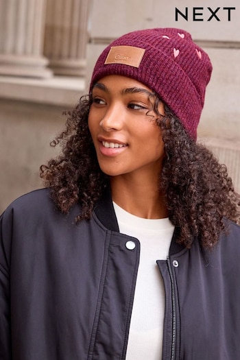 Berry/ Pink Heart Embroidered Tab Detail Beanie Hat (A85889) | £14