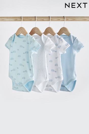 Blue/White Elephant 4 Pack Short Sleeve Baby Bodysuits (A86268) | £9 - £11