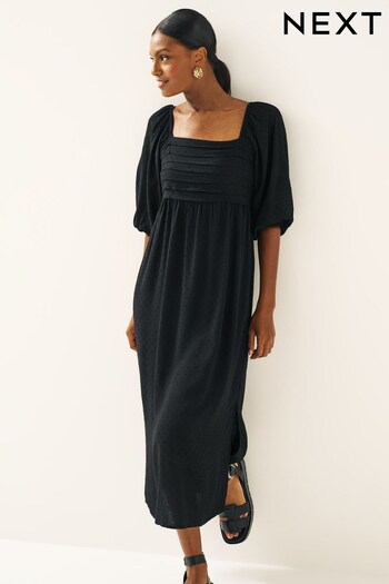 Black Pleated Front Puff Sleeve Cut-Out Back Dress (A86972) | £36