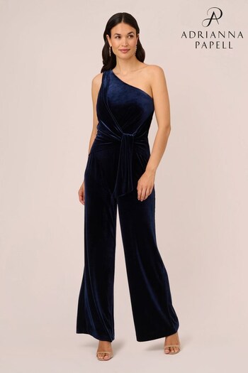 Adrianna Papell Blue One Shoulder Velvet Jumpsuit (A89308) | £199