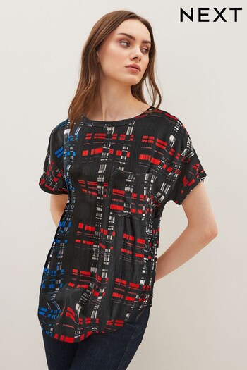 Black/Navy/Red Check Short Sleeve Curved Hem T-Shirt (A89854) | £22