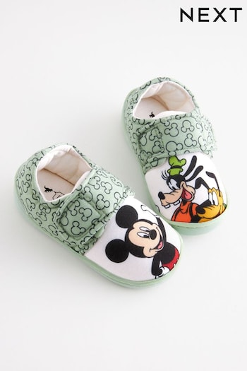 Mickey Mouse Green/Ecru Cream Touch Fastening Cupsole Glow in the Dark Print Slippers (A89855) | £13 - £15