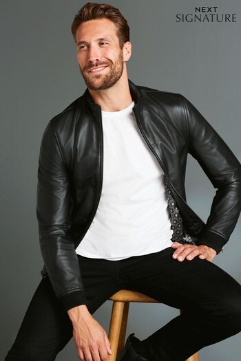 Black Signature Leather Funnel Neck Jacket (A90295) | £155