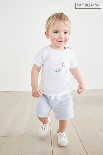 The White Company Embroidered White T-Shirt & Seersucker Short Set (A90528) | £32 - £34