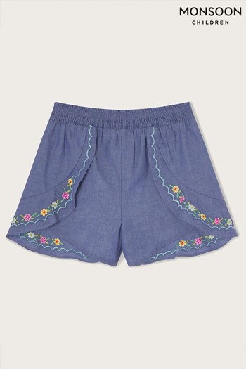 Monsoon Blue Chambray Shirred Stitch Sew Shorts (A90828) | £18 - £22