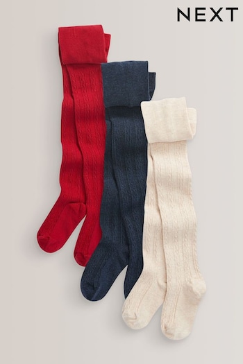 Red/Navy Blue/Cream 3 Pack Cotton Rich Cable Tights (A90965) | £15 - £21