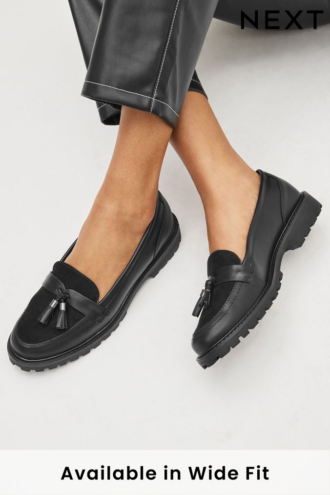 Black Regular/Wide Fit Forever Comfort® Tassel Detail Cleated Chunky Loafer Shoes (A91184) | £36