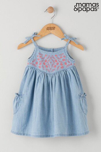 Mamas & Papas Blue Chambray Emb Bodice Dress (A91524) | £25