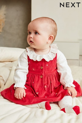 Red Baby Pinafore Dress And Bodysuit 3 Piece Set (0mths-2yrs) (A91733) | £23 - £25
