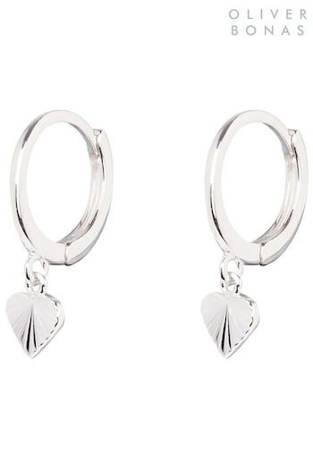 Oliver Bonas Silver Tone Grazia Machine Engraved Heart Charm Drop Hoop Earrings (A92564) | £30