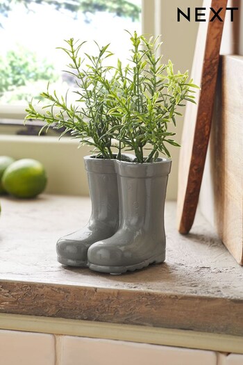 Grey Mini Wellies With Artificial Grass Plant (A93690) | £10