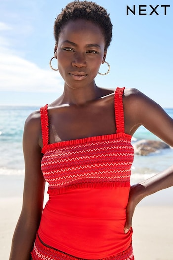 Red Contrast Stitch Embroidered Shirred Tankini Top (A94400) | £32