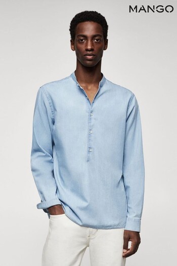 Mango Blue 100% Cotton Mandarin Collar Shirt (A95260) | £50